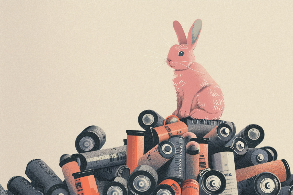 a pink bunny sitting on top of a heaping pile of batteries